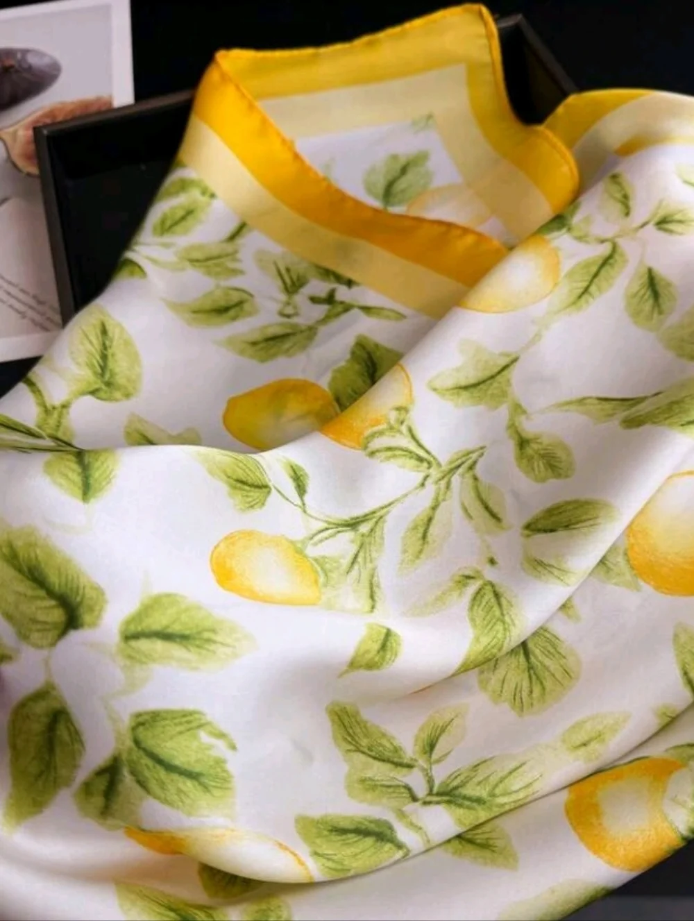 Yellow Lemons Print Satin Scarf Summer Elegant Fun Scarf